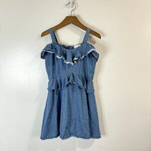 BCBGirls Dress Size M 10/12 Chambray Cold Shoulder Striped Ruffle Blue White